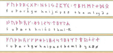In alto, il cosiddetto Futhark antico (ca. 150). In mezzo, il cosiddetto Futhark giovane nella versione allungata (8° secolo). In basso, il Futhark danese modificato (ca. 1300). [tratto da: Sunna Blalock, Introduction to the Runes: Younger Futhark (Chart)]